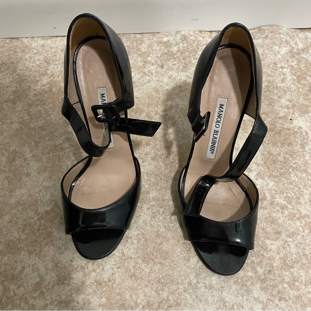 Manolo Blahnik Black Peep-Toe Slingback Sandals